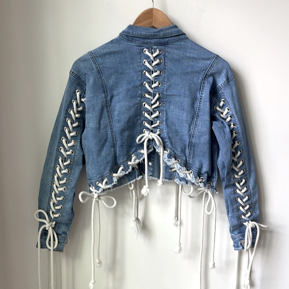 Azalea Wang Lace Up Cropped Denim Jacket Button Front Festival Boho Size S - Picture 3 of 11